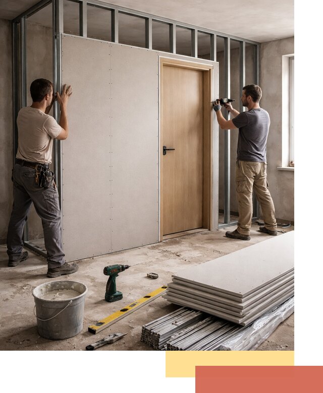 Перегородка из гипсокартона с дверью под ключ в Волхове