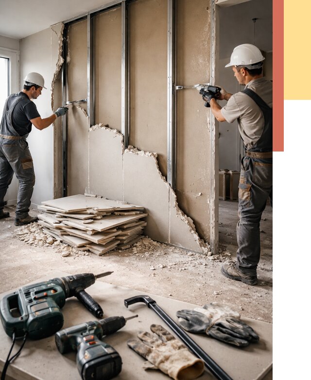 Демонтаж перегородки из гипсокартона в Волхове от 1256 руб. быстро и недорого | ОТДЕЛОЧНИК-Влх