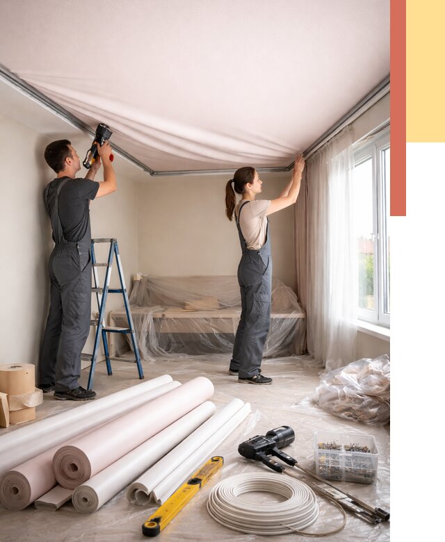 Монтаж цветного натяжного потолка в Волхове от 4397 руб/м² — быстро и недорого | ОТДЕЛОЧНИК-Влх