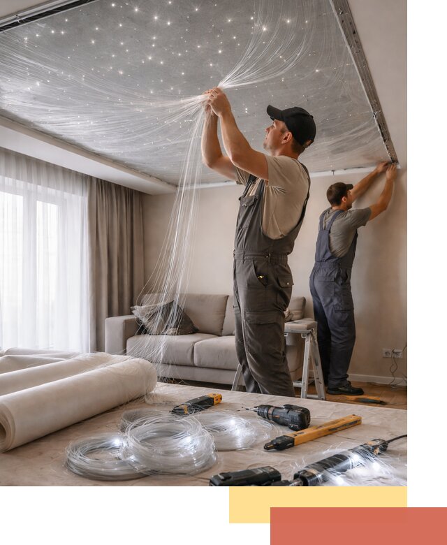 Монтаж натяжного потолка «Звездное небо» в Волхове