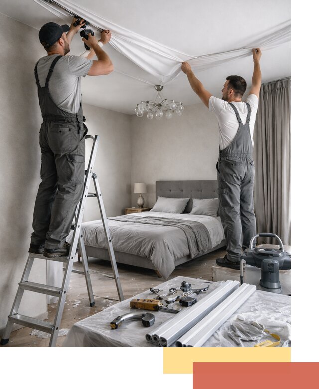 Монтаж натяжного потолка в спальне в Волхове