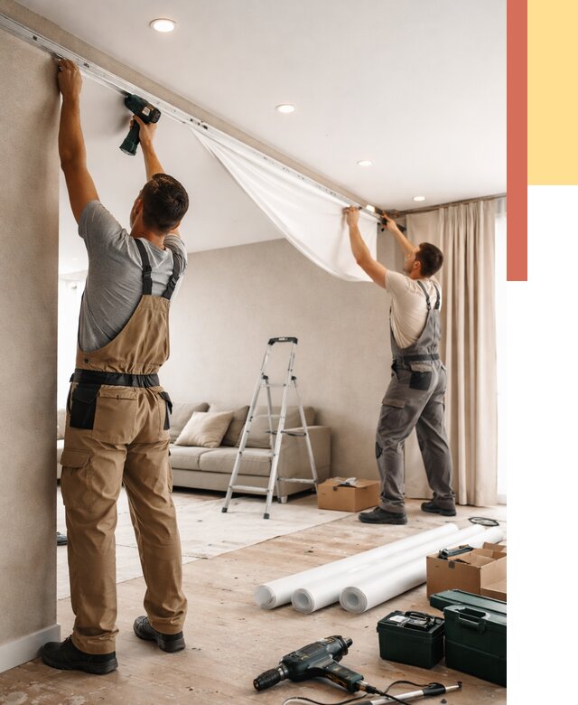 Монтаж натяжного потолка в гостиной в Волхове от 576 руб. | ОТДЕЛОЧНИК-Влх