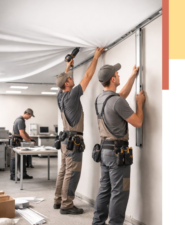 Монтаж натяжного потолка в офисе в Волхове от 471 руб/м² — быстро и недорого | ОТДЕЛОЧНИК-Влх