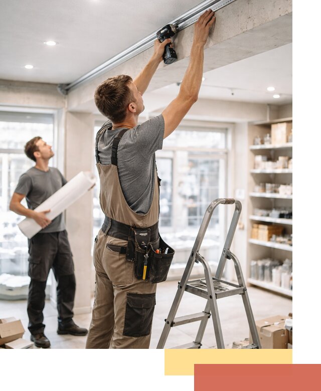 Монтаж натяжных потолков в магазине в Волхове