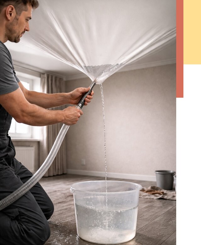 Слив воды с натяжного потолка в Волхове от 2617 руб. быстро и недорого | ОТДЕЛОЧНИК-Влх