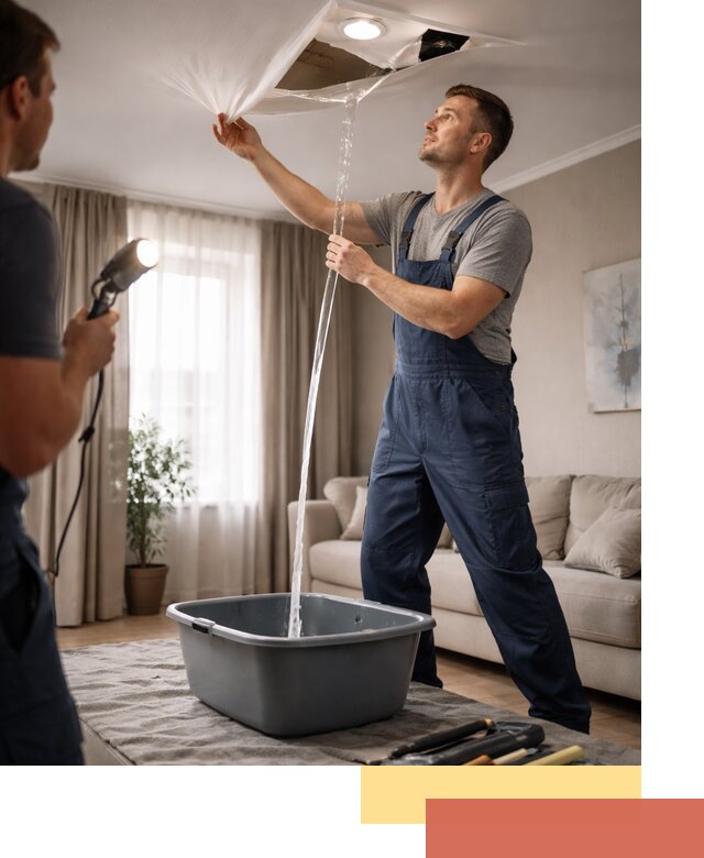 Слив воды с натяжного потолка в Волхове быстро и аккуратно